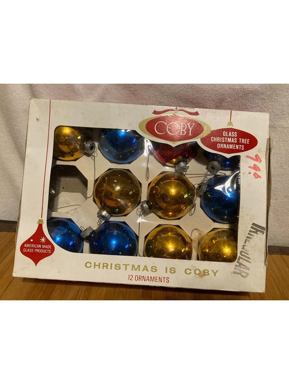 Coby Glass Christmas Ornaments Red Blue Gold Boxed Hanging loops set